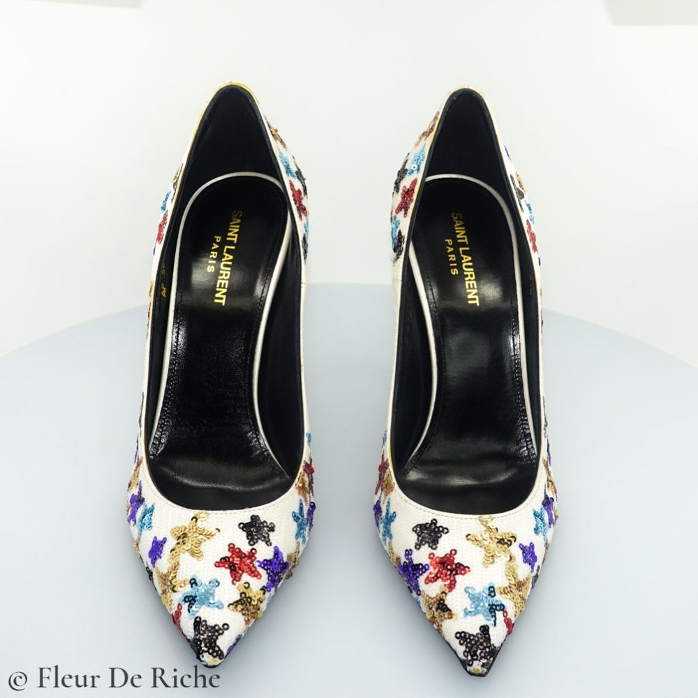 Saint Laurent Palace 105 White Sequin High Heels - Picture 2 of 9
